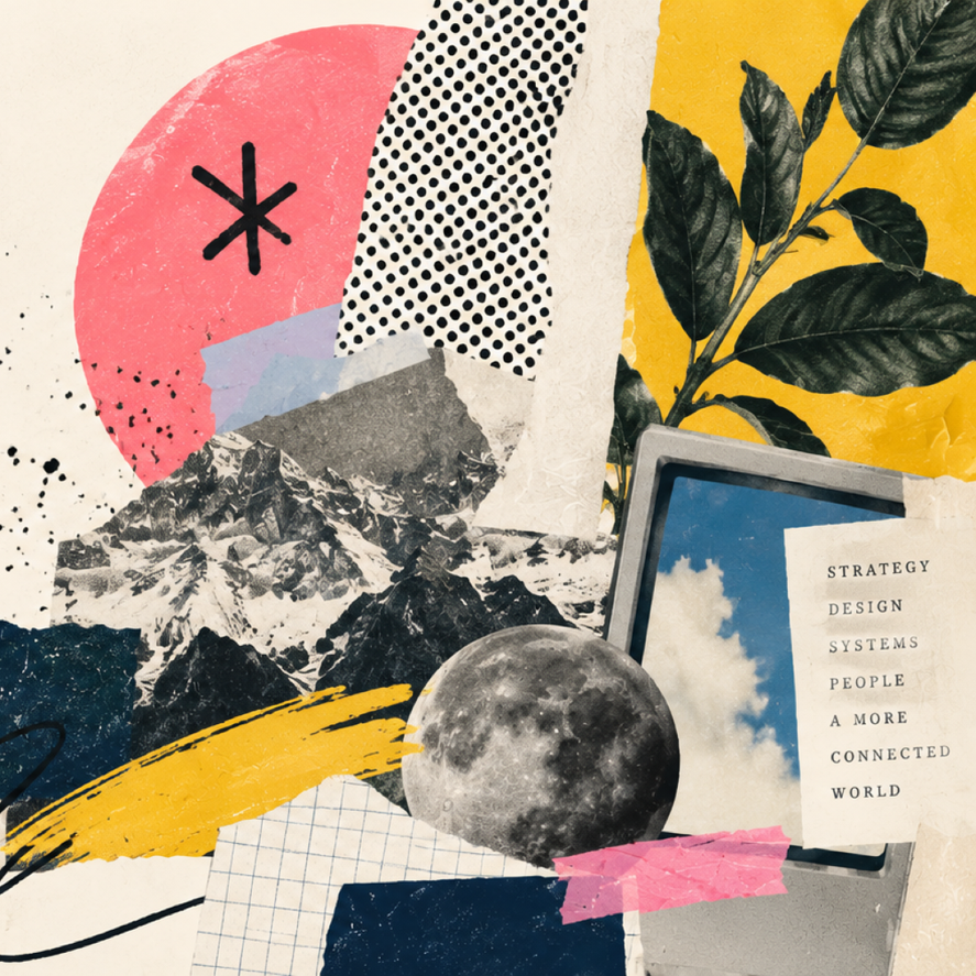 Tactile paper collage with mountains, moon, leaves, ink, and a vintage computer